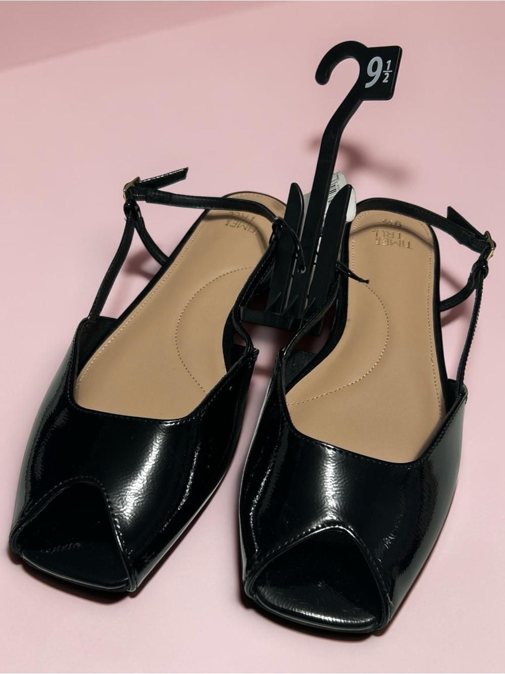 Time and Tru Womens Peep Toe Slingback Flats Black Patent Size 9.5 NWT